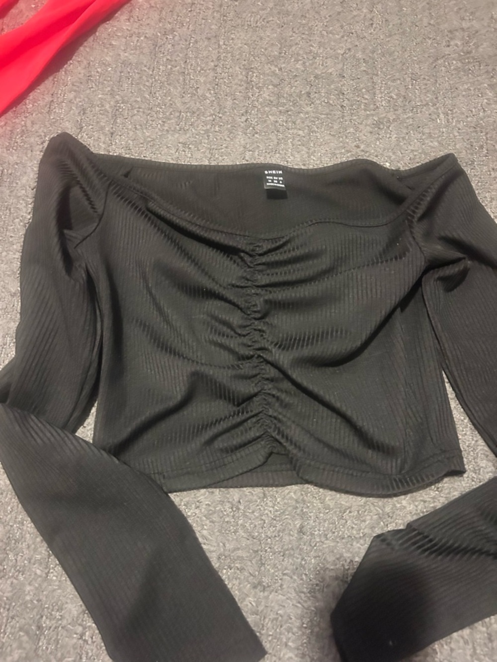 SHEIN Black Ribbed Off-Shoulder Ruched Long Sleeve Top